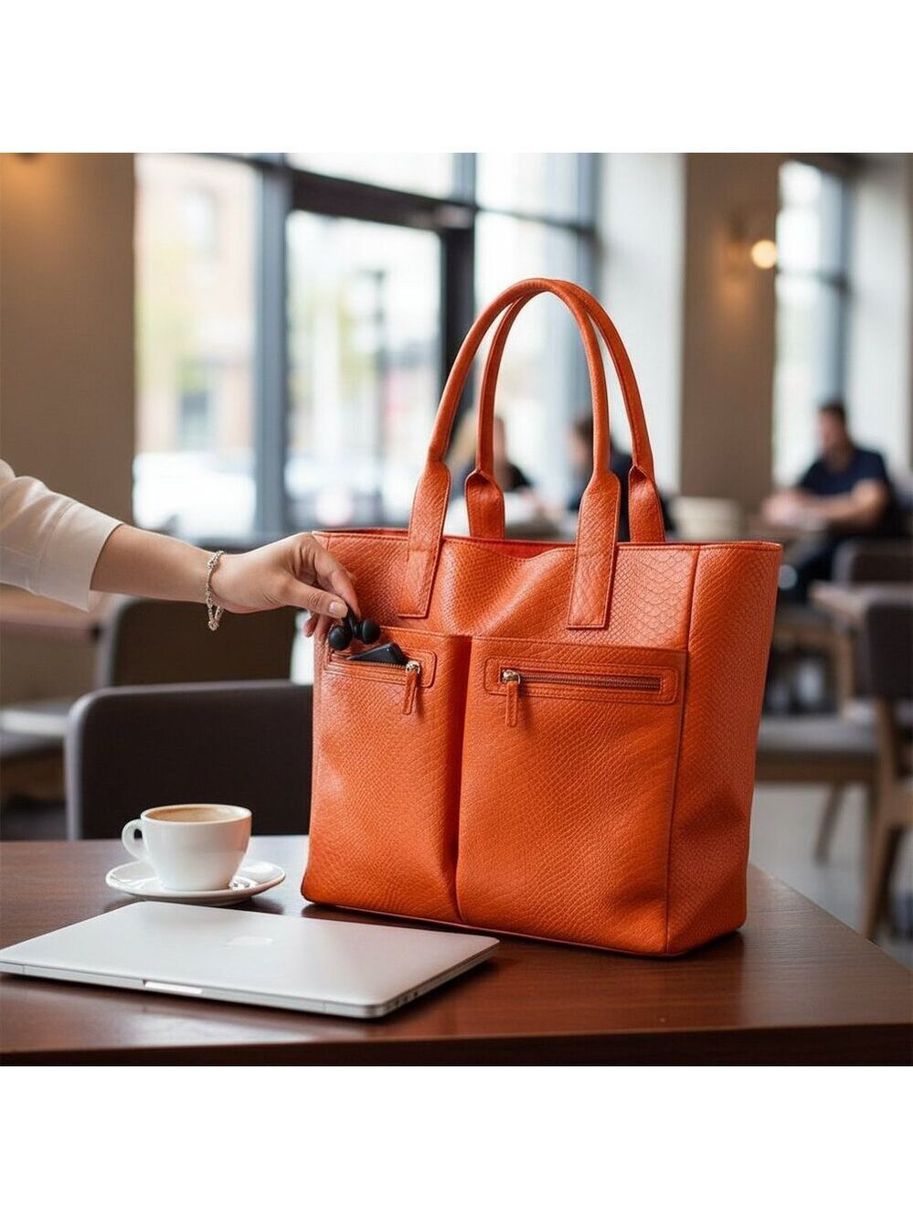 🧡 Neiman Marcus Orange Textured Tote Bag – Double Front Zip Pockets